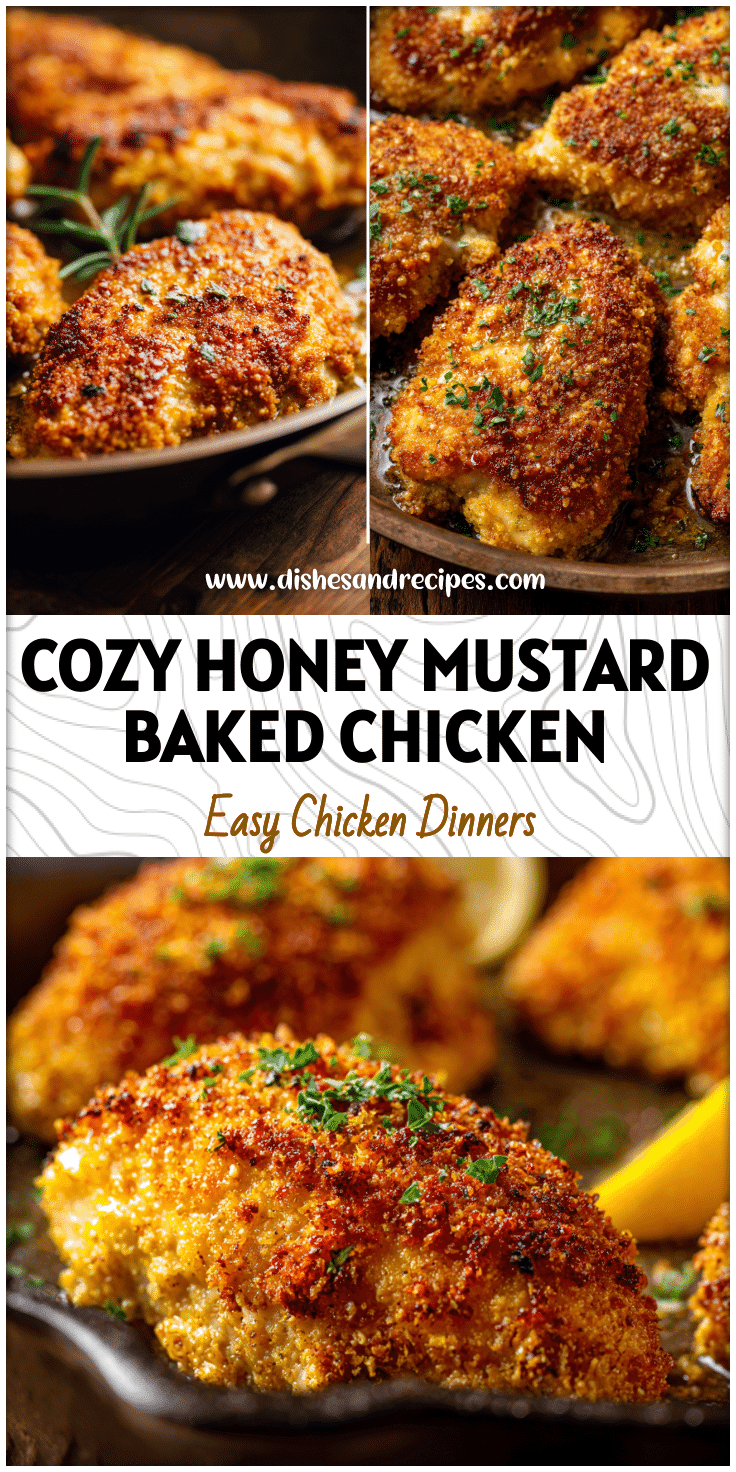 Golden baked honey mustard chicken breast and thighs with a crunchy breaded coating in a rustic pan.